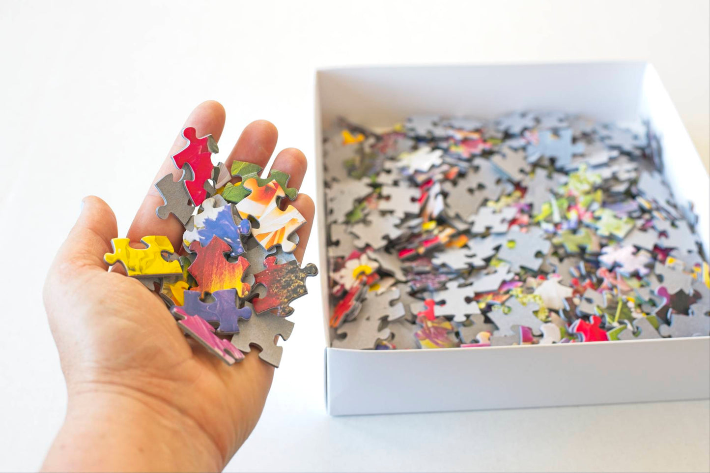 Hand holding a small set of puzzle pieces next to a box of a larger puzzle.