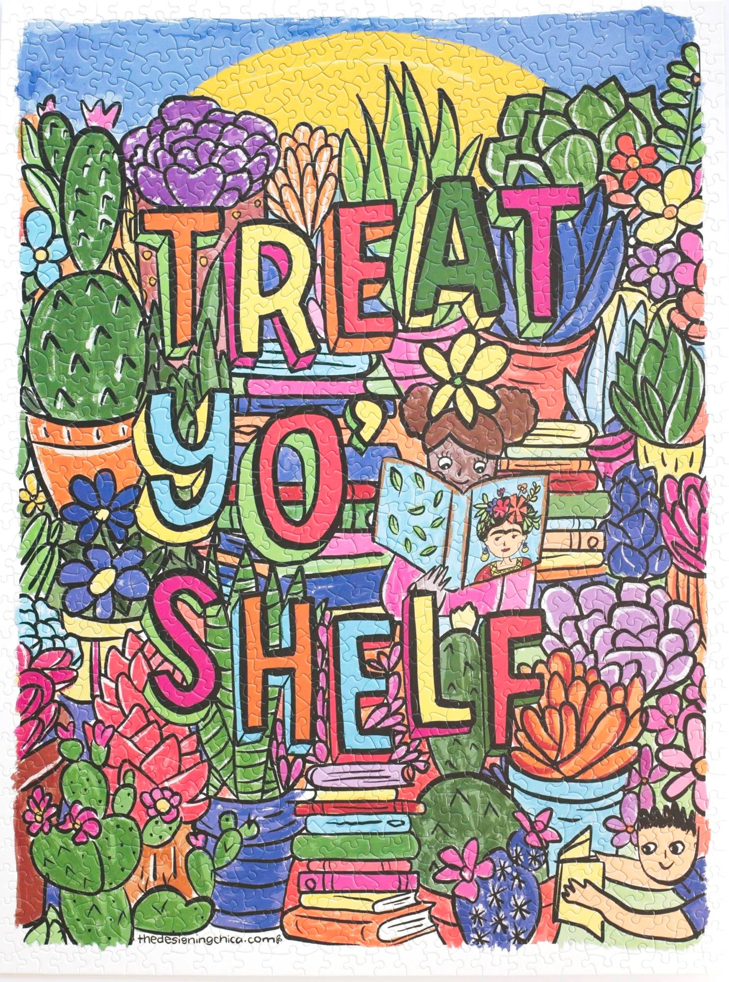 A photo of a completed random-cut puzzle featuring a drawn image filled with colorful succulents and flowers and stacks of books. The words Treat Yo' Shelf are written in multi-colored block letters with shadows. In the center a child wearing pink reads a book with Frida Kahlo on he cover and another child wearing blue reads near the corner. At the top appears to be a blue sky and giant sun.