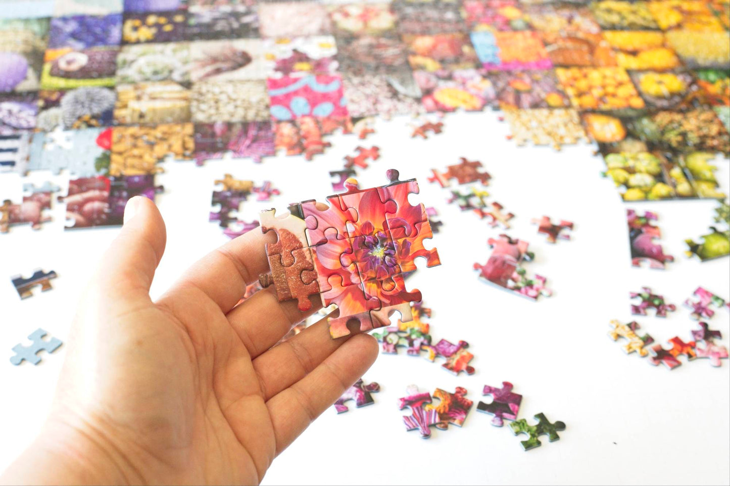 A hand holding a section of completed jigsaw puzzle showing a colorful orange and red flower with two connected pieces showing a grapefruit with a partially completed puzzle and scattered pieces in the background.