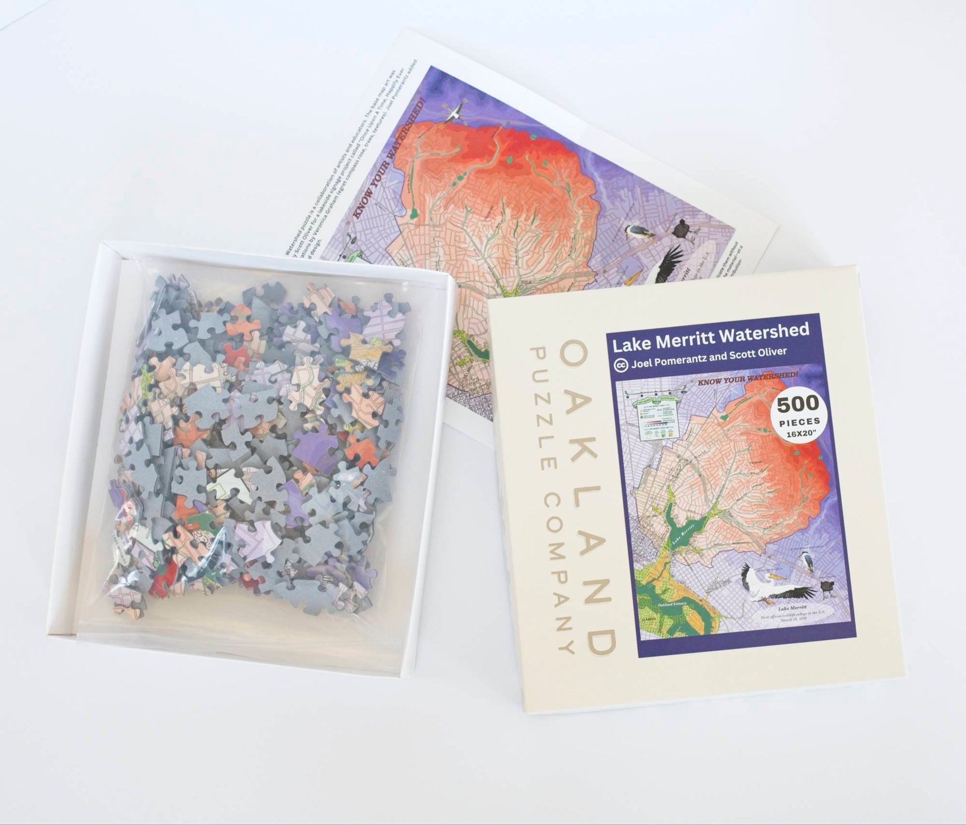 A photo of an opened puzzle box with the lid facing the viewer revealing the puzzle pieces nestled in the box inside a resealable plastic bag. In the background is a small reference poster.