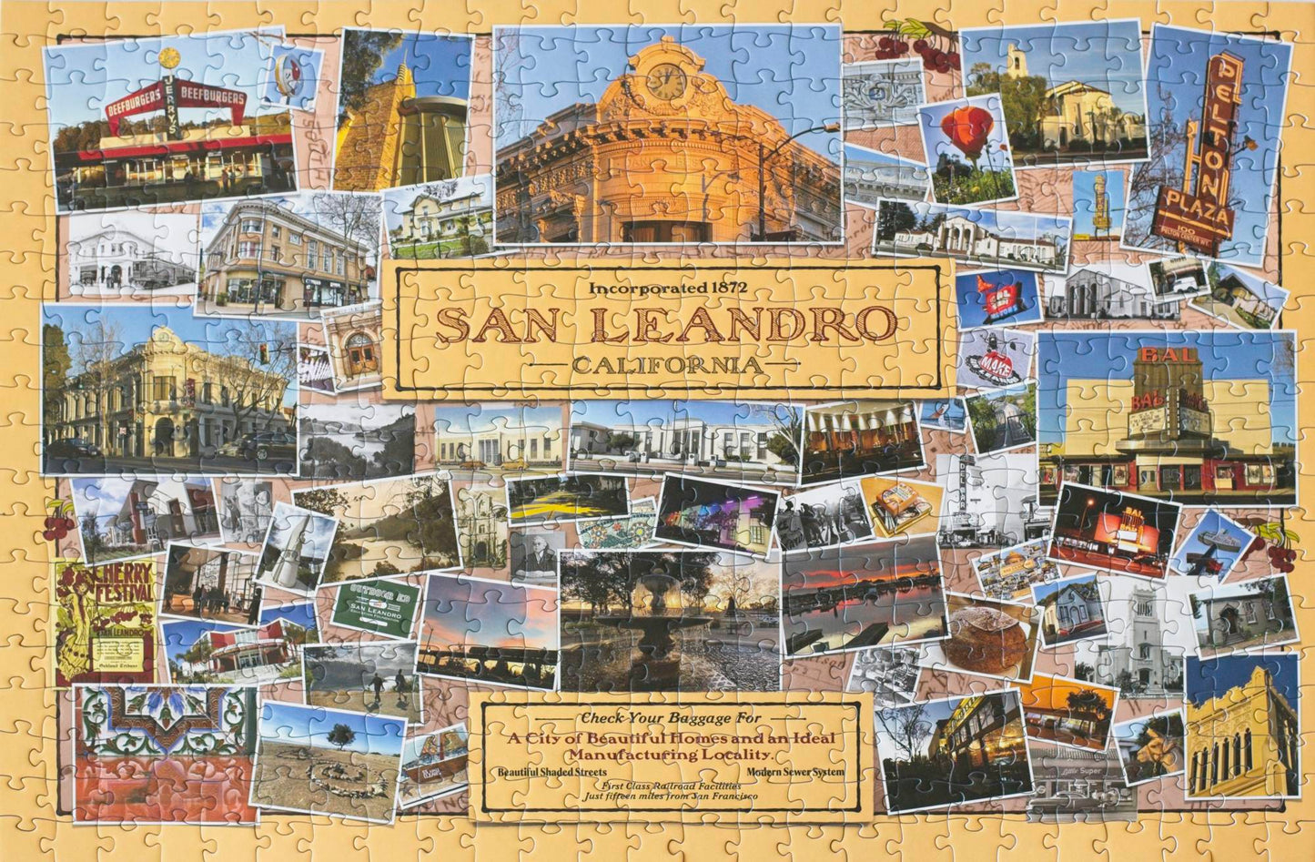 A photo of a completed jigsaw puzzle with landscape, architecture, and art detail photos collaged on a yellow background with the text "Incorporated 1872 San Leandro California" prominent in the center.