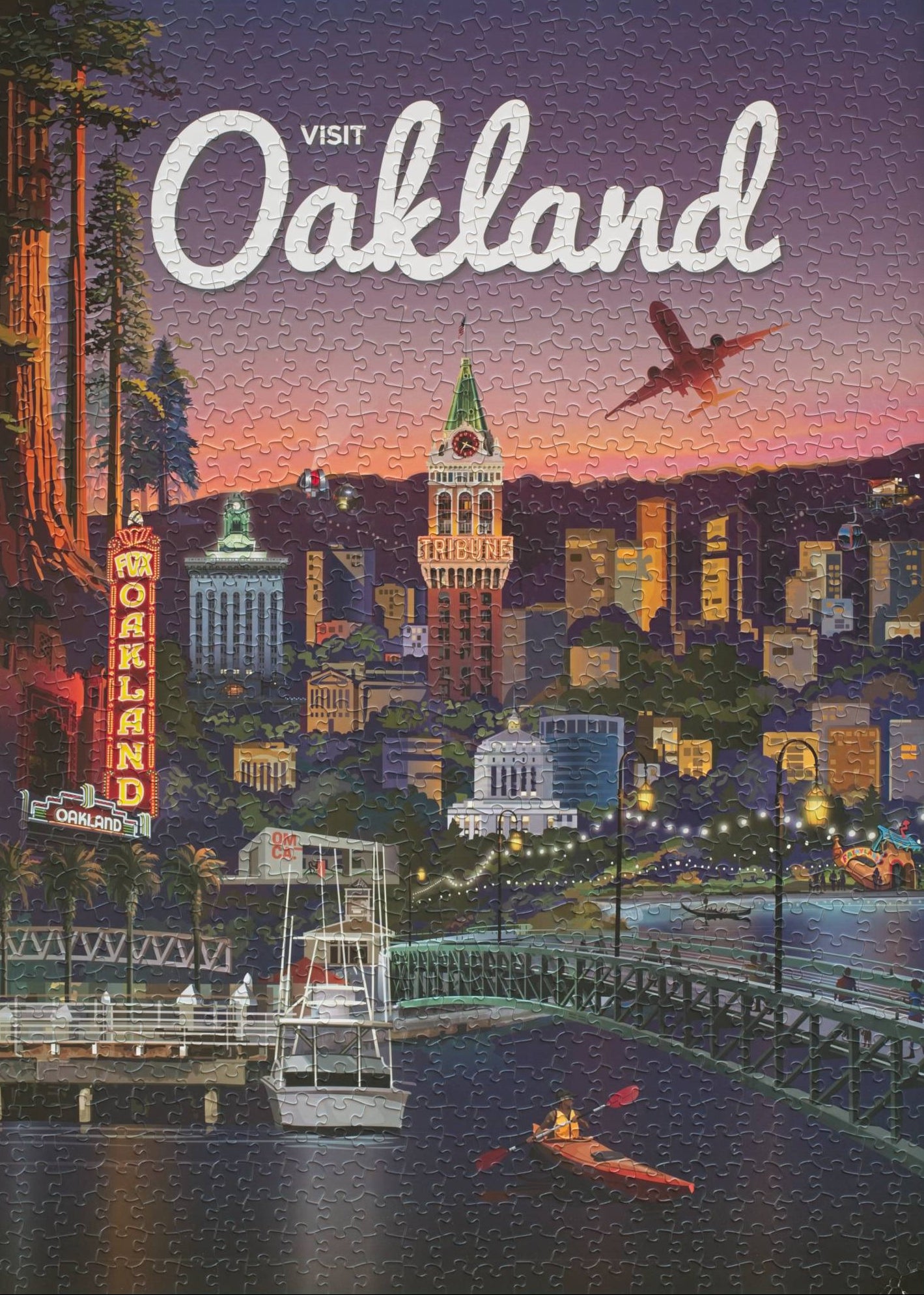 A completed jigsaw puzzle with an mage designed as a promotional poster for Visit Oakland with city skyline and waterfront at sunset.