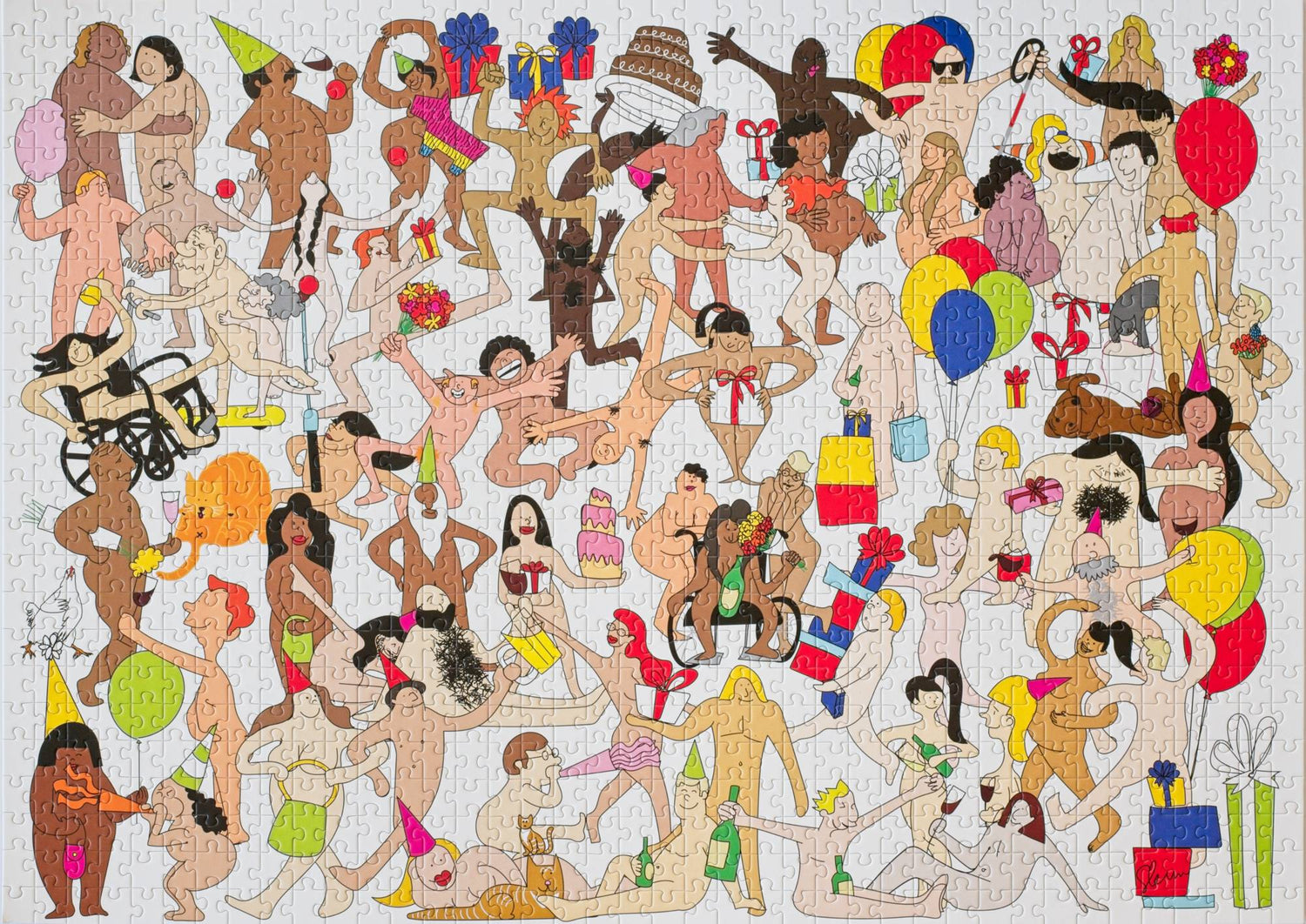 Illustration of a large group of people and animals in various poses wearing birthday suits with their "private parts" covered by colorful objects.