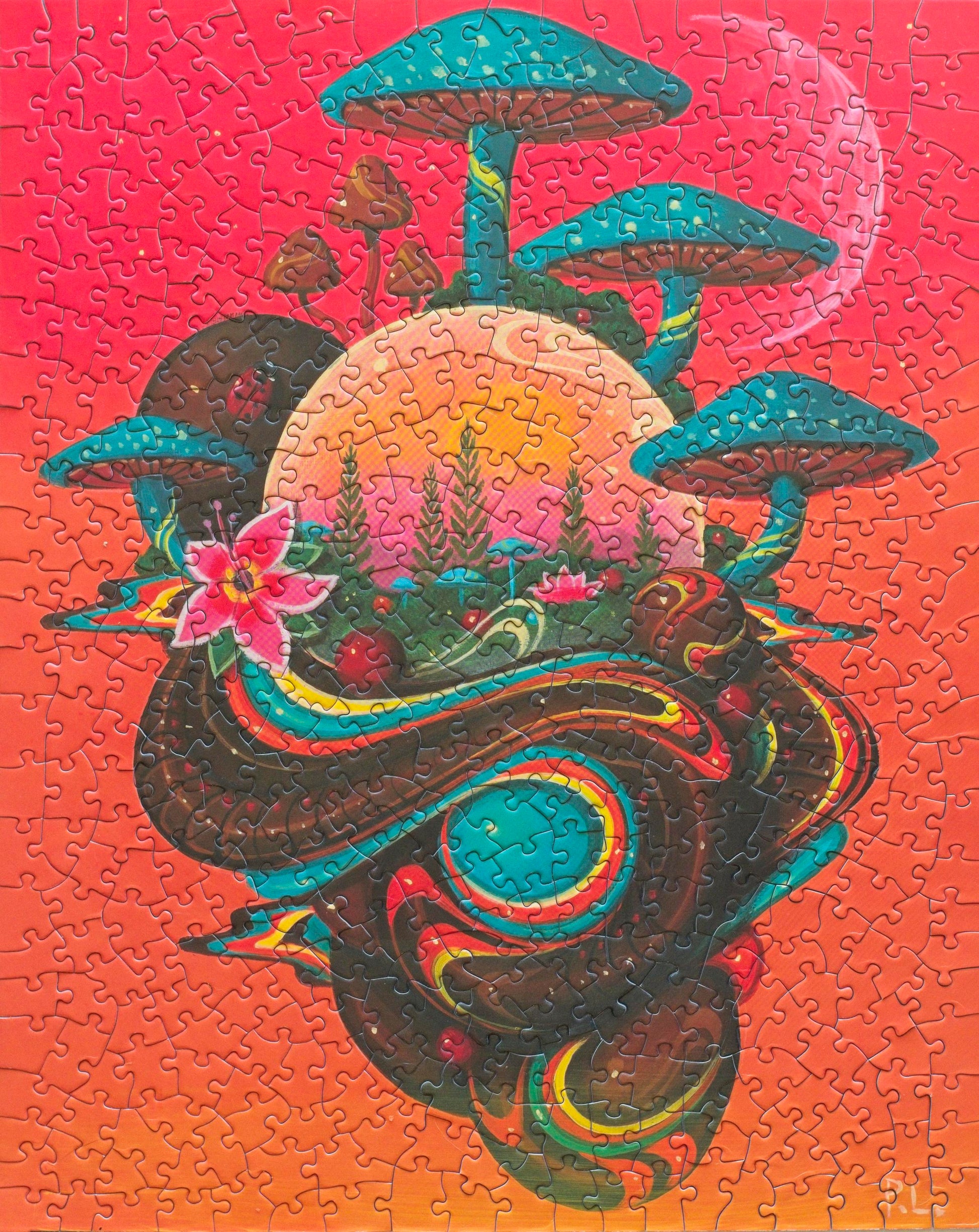 A completed jigaw puzzle featuring an orange gradient and a floating vessel with mushrooms and flowers growing on it. On it is an orb that appears to have a forest within it.