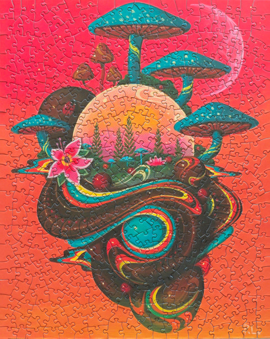 A completed jigaw puzzle featuring an orange gradient and a floating vessel with mushrooms and flowers growing on it. On it is an orb that appears to have a forest within it.