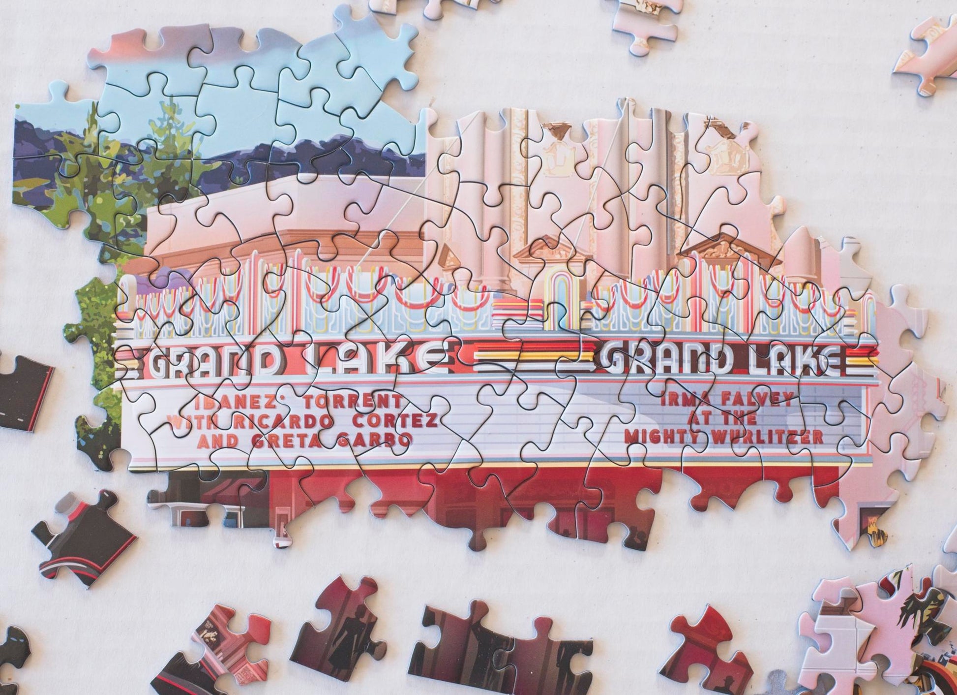 A close up of a completed section of the puzzle showing the Grand Lake Theatre marquee