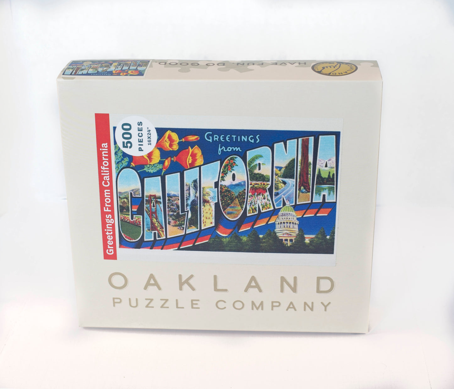 A box labeled Oakland Puzzle Company featuring the Greetings from California jigsaw puzzle on the front.