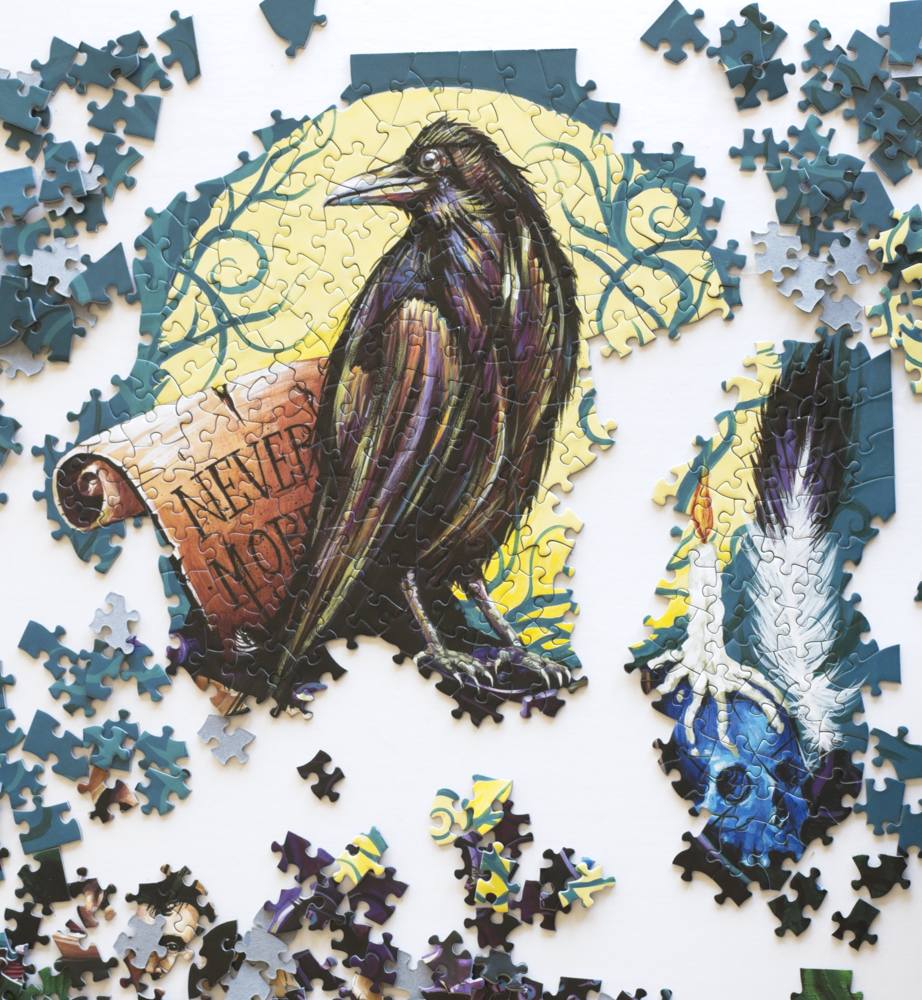 A partially completed puzzle showing a raven surrounded by a large yellow moon with puzzle pieces scattered around it.