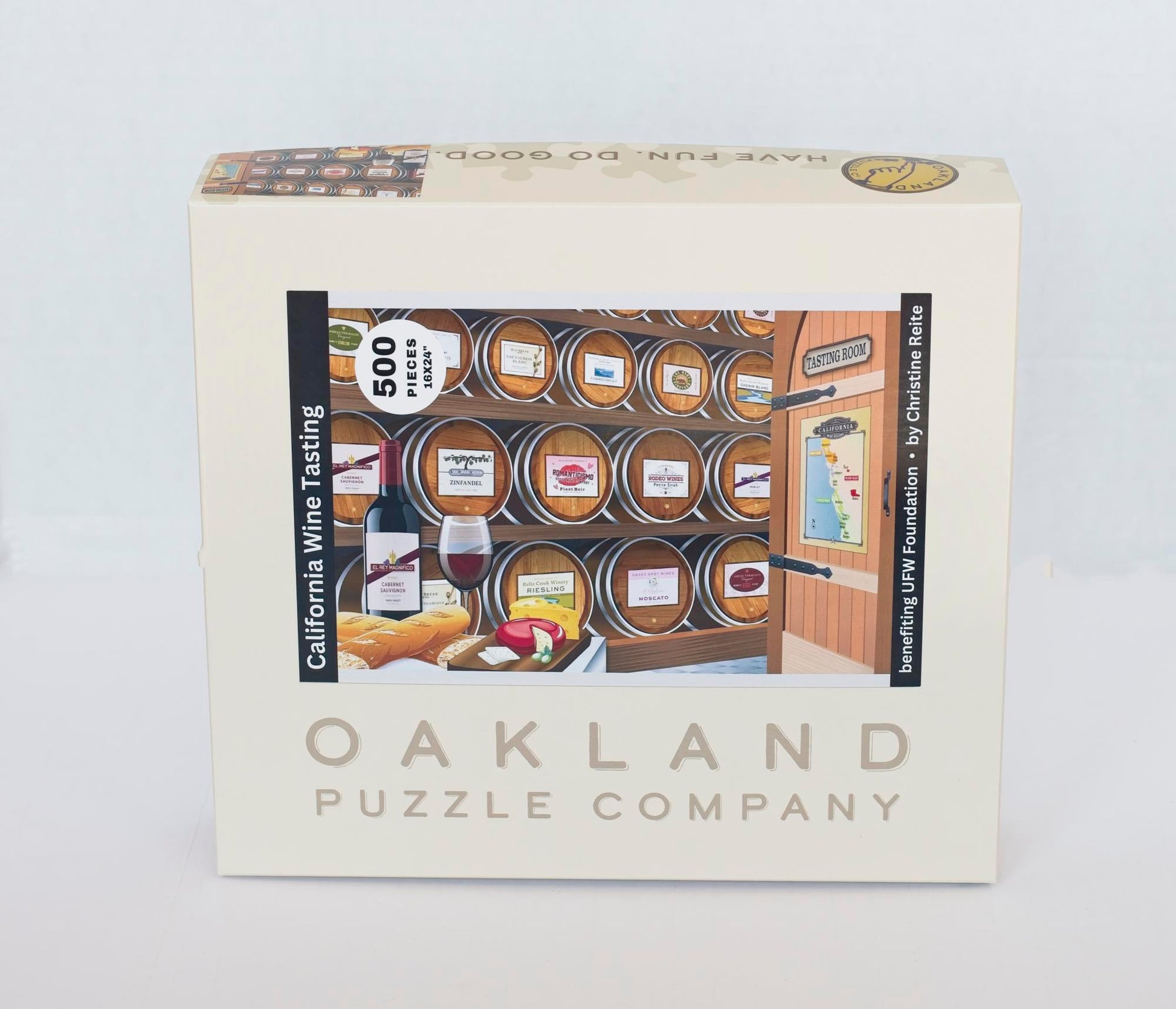 A box branded Oakland Puzzle Company with the California Wine Tasting image featured on the front.