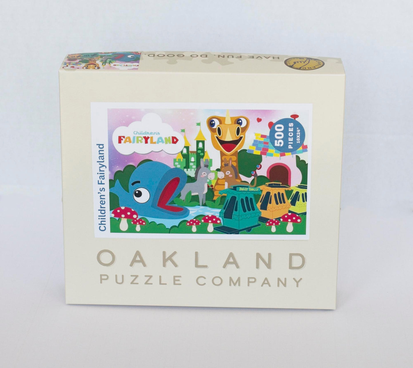 A box labeled Oakland Puzzle Company with the illustrated Children's Fairyland Jigsaw puzzle featured on the front.