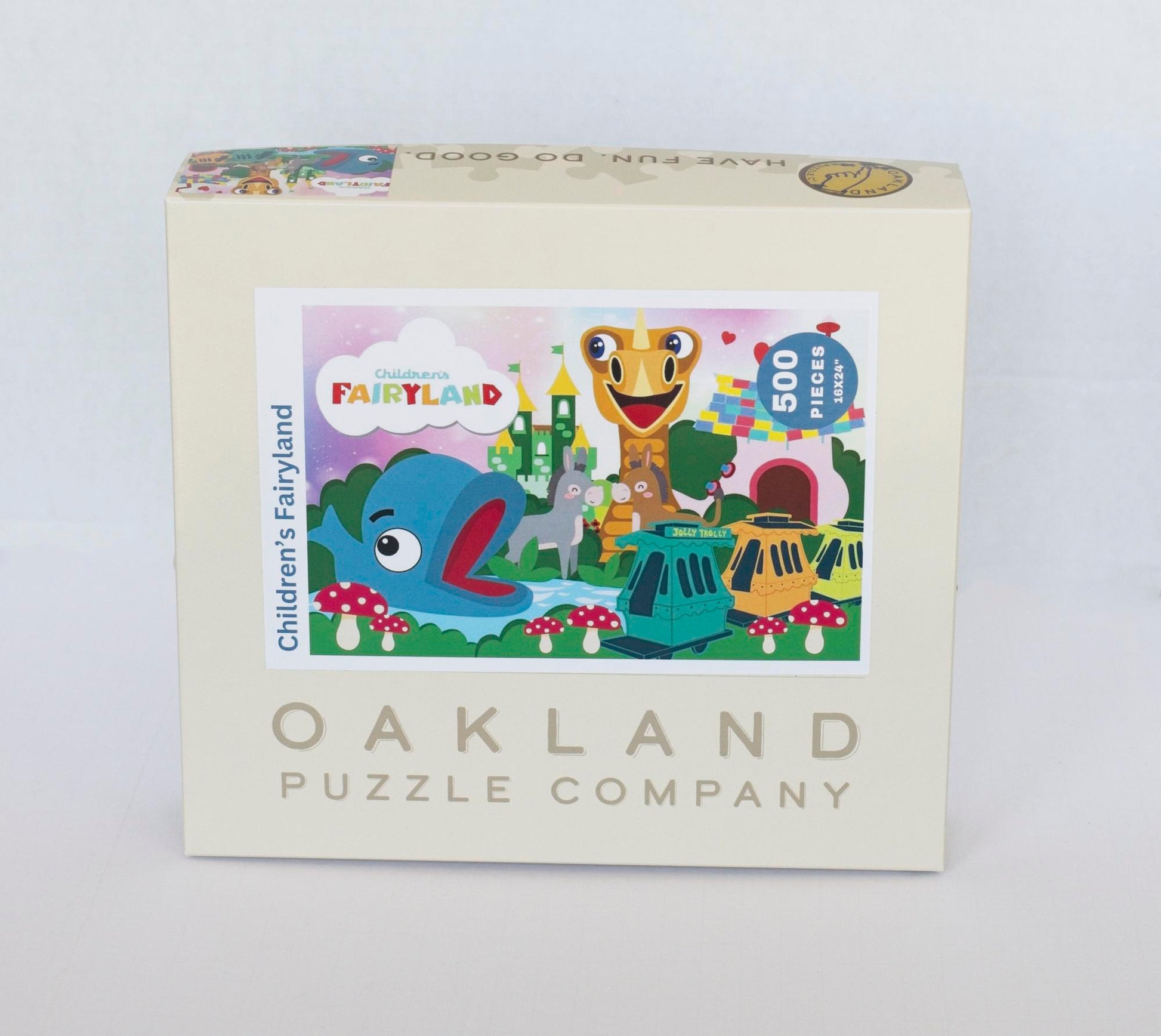 A box labeled Oakland Puzzle Company with the illustrated Children's Fairyland Jigsaw puzzle featured on the front.