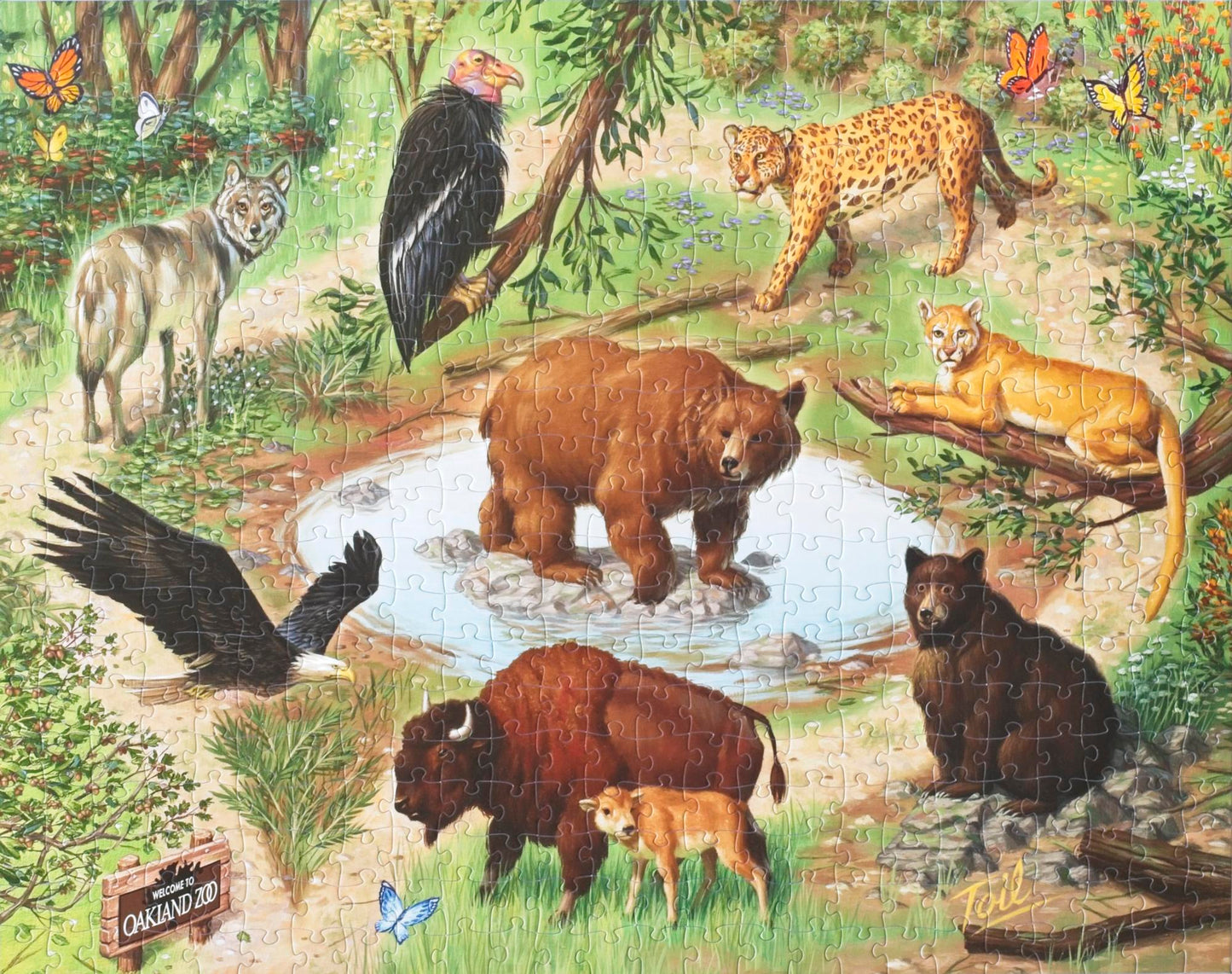 A completed jigaw puzzle of a painting featuring 8 species of animals featured on the Oakland Zoo's California Trail with a sign in the corner that says Welcome to the Oakland Zoo. The image centers around a bear in a pond and has fllowers, trees, shrubs, and butterflies around the image.