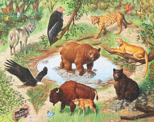 A completed jigaw puzzle of a painting featuring 8 species of animals featured on the Oakland Zoo's California Trail with a sign in the corner that says Welcome to the Oakland Zoo. The image centers around a bear in a pond and has fllowers, trees, shrubs, and butterflies around the image.