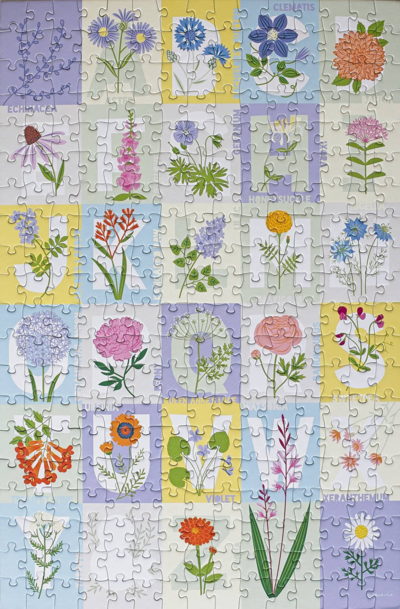 A completed puzzle showing grid of pastel colors with the letters a-z on most of the squares desgined with a flower corresponding to that letter.