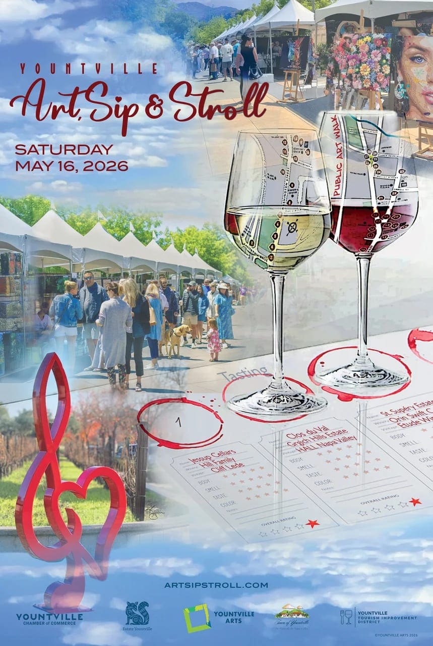 A designed image of wine glasses and map with artisan booths in the background