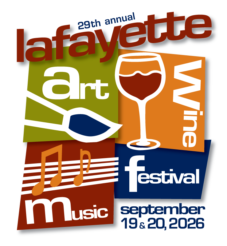A colorful graphic logo for the 29th annual Lafayette Art Wine Music Festival, featuring stylized text and icons for art, wine, and music on overlapping tilted panels, with the dates September 19 & 20, 2026, on a white background.