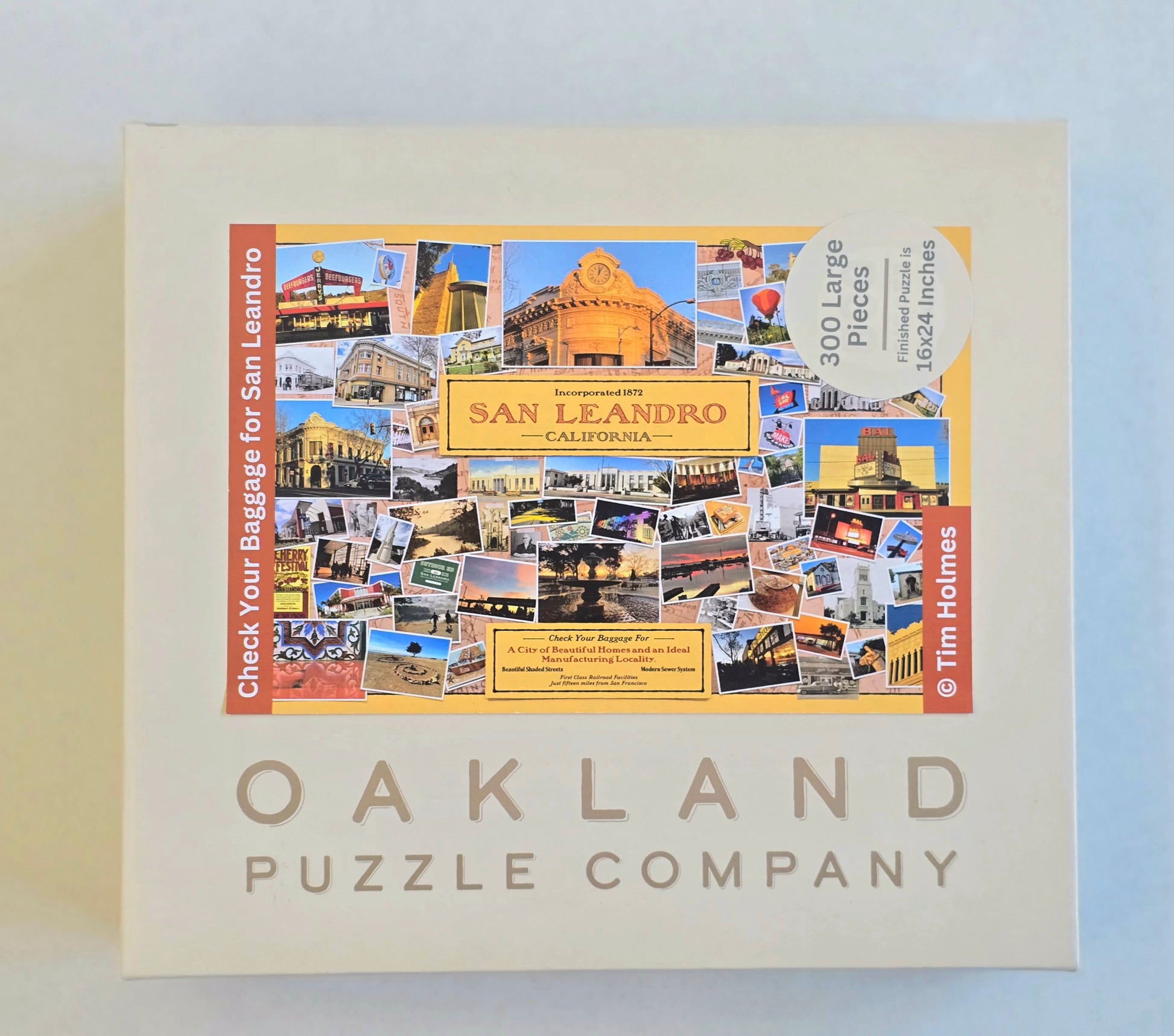 Product box for the Check Your Baggage for San Leandro 300-piece jigsaw puzzle