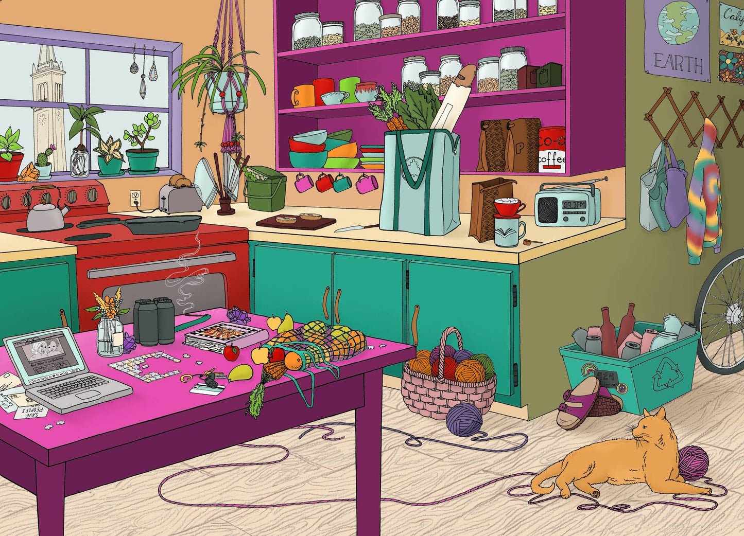 Colorful kitchen with various items on countertops and a cat on the floor.