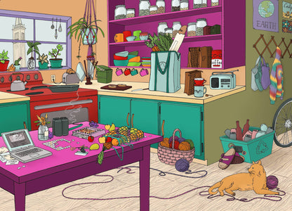 Colorful kitchen with various items on countertops and a cat on the floor.
