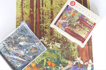 A photo of a large poster featuring a springtime redwood forest image with an open product box sitting on top. On one side is the top of the lid on the other is the box bottom holding a resealable plastic bag filled with puzzle pieces.