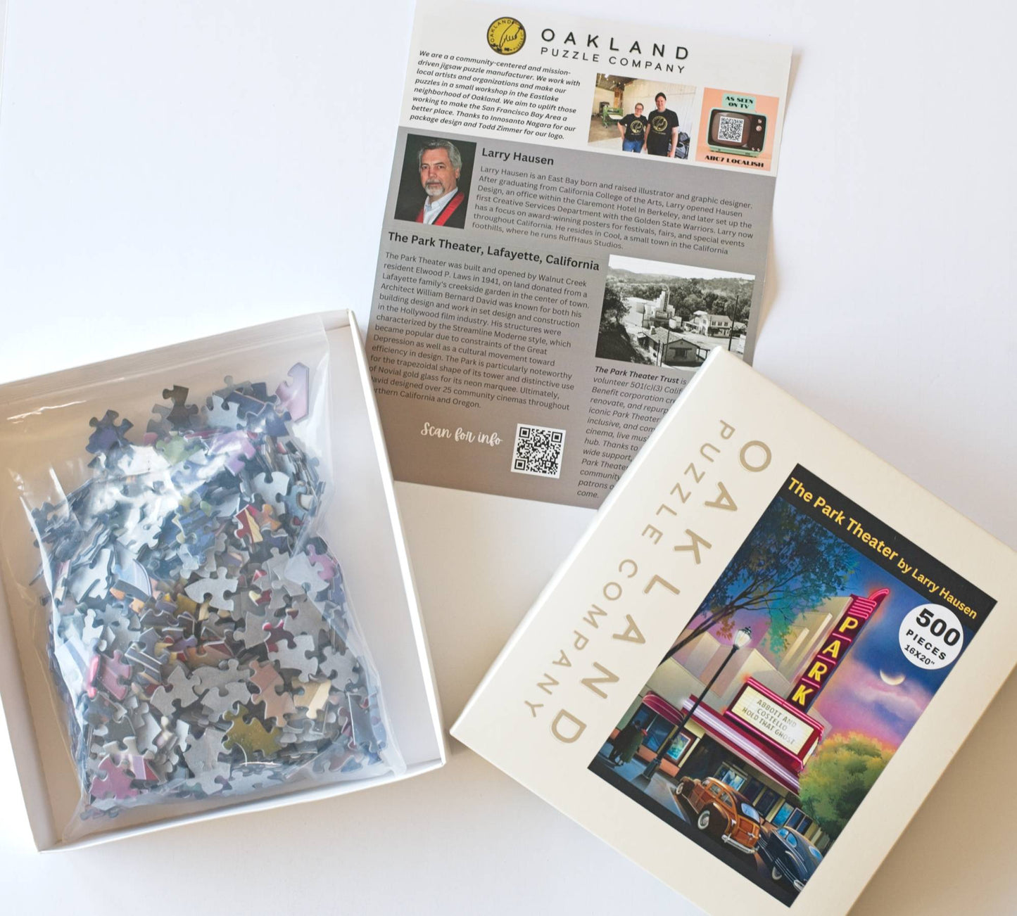 Jigsaw puzzle set with packaging and leaflet on a white background
