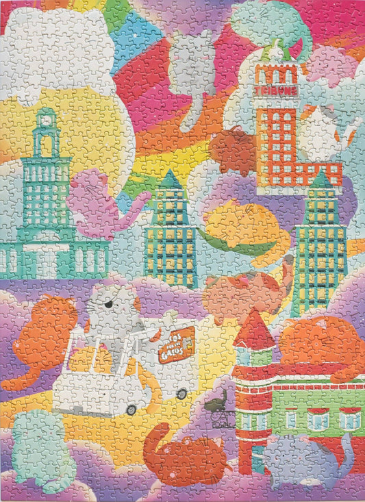 Colorful puzzle with cartoon-like buildings and animals on a multicolored background