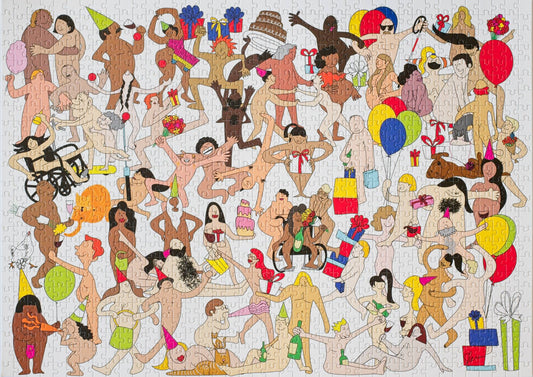 Illustration of a large group of people and animals in various poses wearing birthday suits with their "private parts" covered by colorful objects.