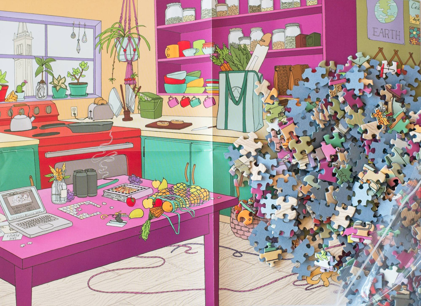 Colorful illustration of a kitchen with puzzle pieces with blue board spilling out of a resealable plastic bag onto it.