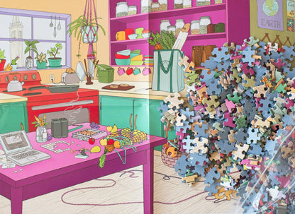 Colorful illustration of a kitchen with puzzle pieces with blue board spilling out of a resealable plastic bag onto it.