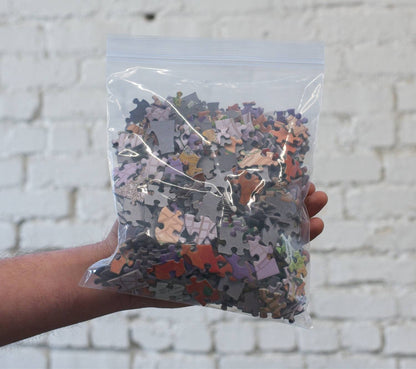 Hand holding a clear plastic bag filled with assorted puzzle pieces against a light brick wall.