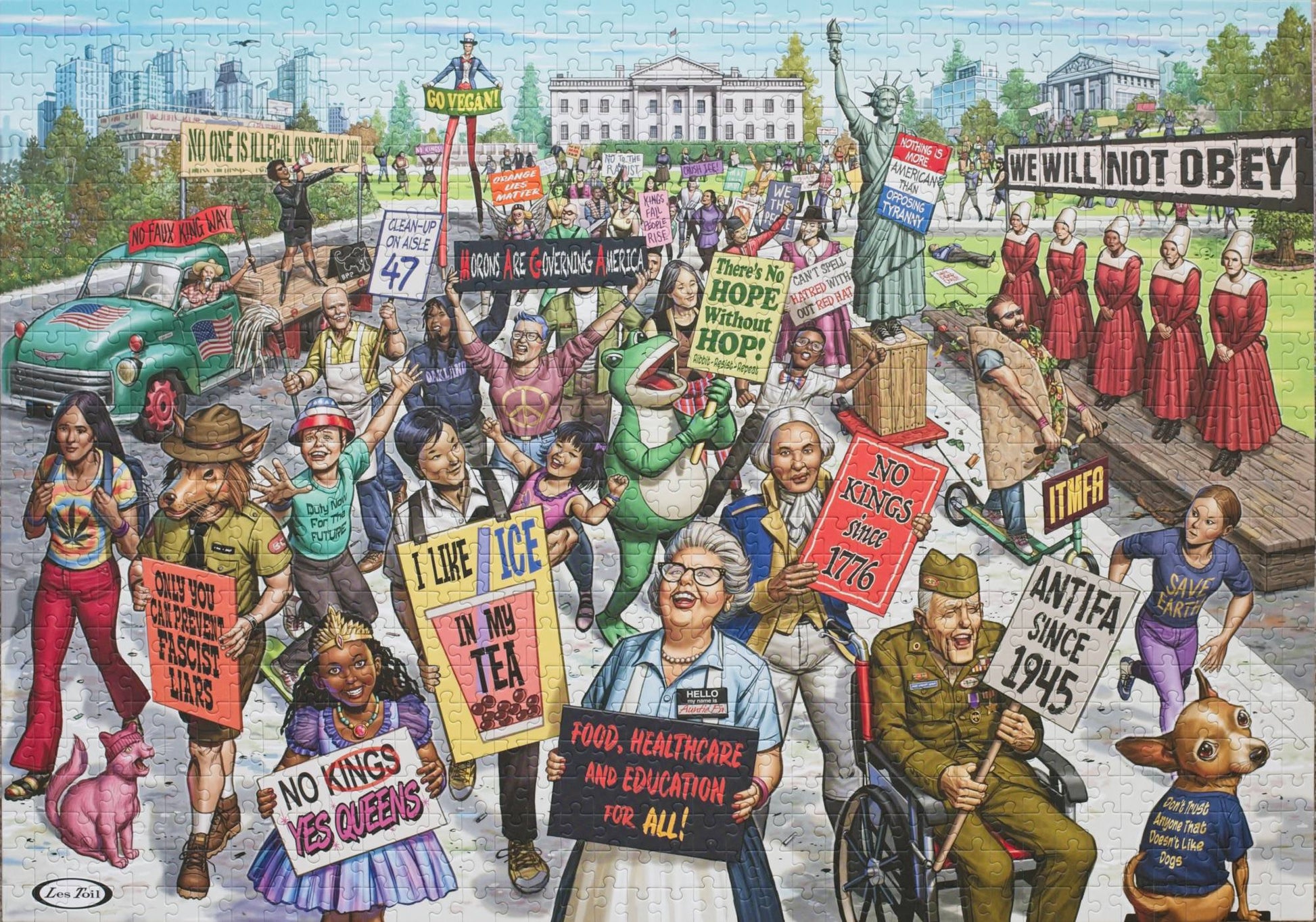 A completed jigsaw puzzle featuring the illustration of a protest scene with various individuals holding signs in a public square.