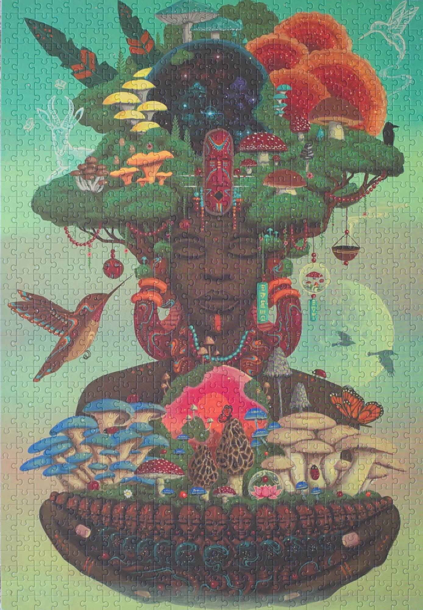 A completed jigsaw puzzle featuring a colorful painting of an African person with various natural elements and a hummingbird.