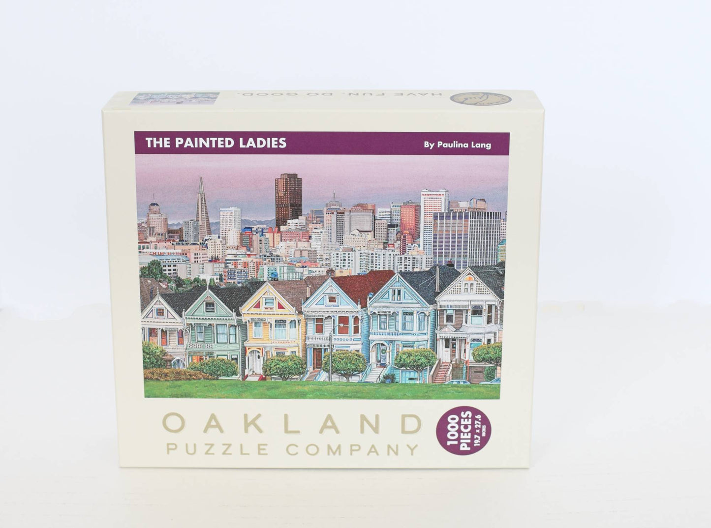 Jigsaw puzzle box featuring 'The Painted Ladies' by Oakland Puzzle Company on a white background