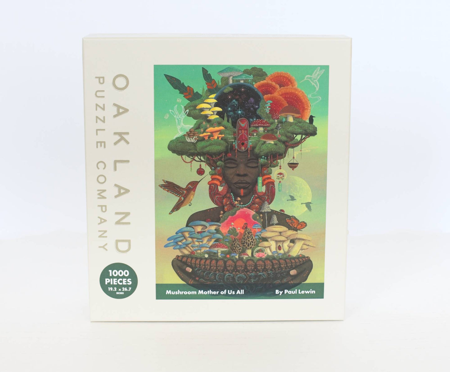 Oakland Puzzle Company puzzle box with colorful mushroom design on a white background