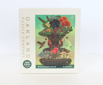 Oakland Puzzle Company puzzle box with colorful mushroom design on a white background