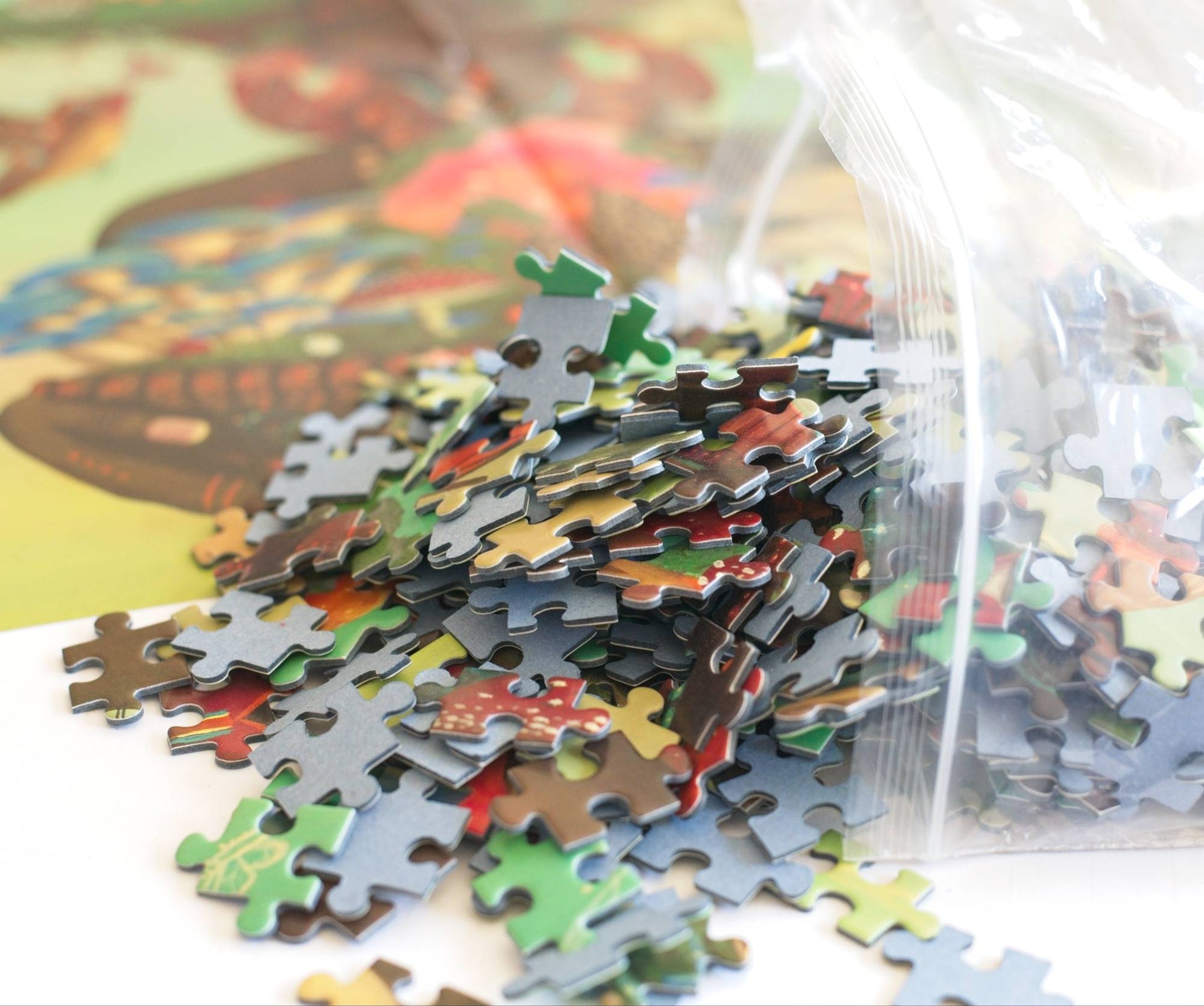 Jigsaw puzzle pieces spilling out of a resealable plastic bag in front of a colorful background