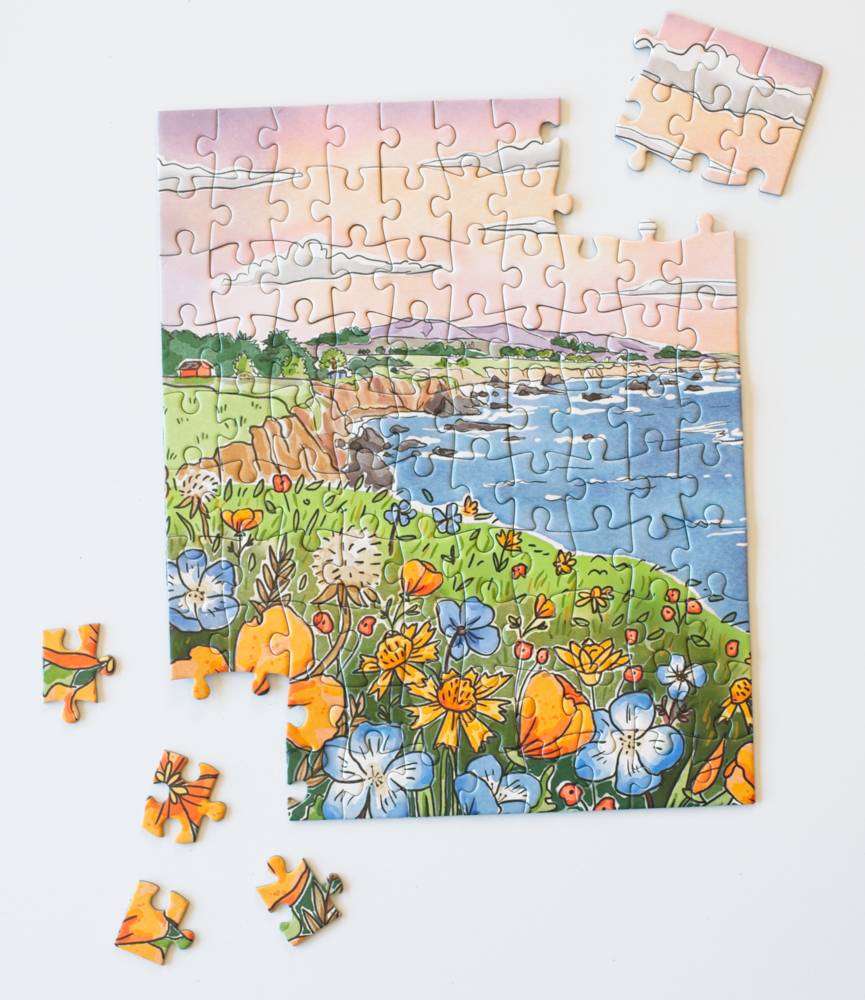 A completed jigsaw puzzle showing a colorful coastal landscape with blue water, green grass, and wildflowers, arranged on a white background with several loose puzzle pieces around it.