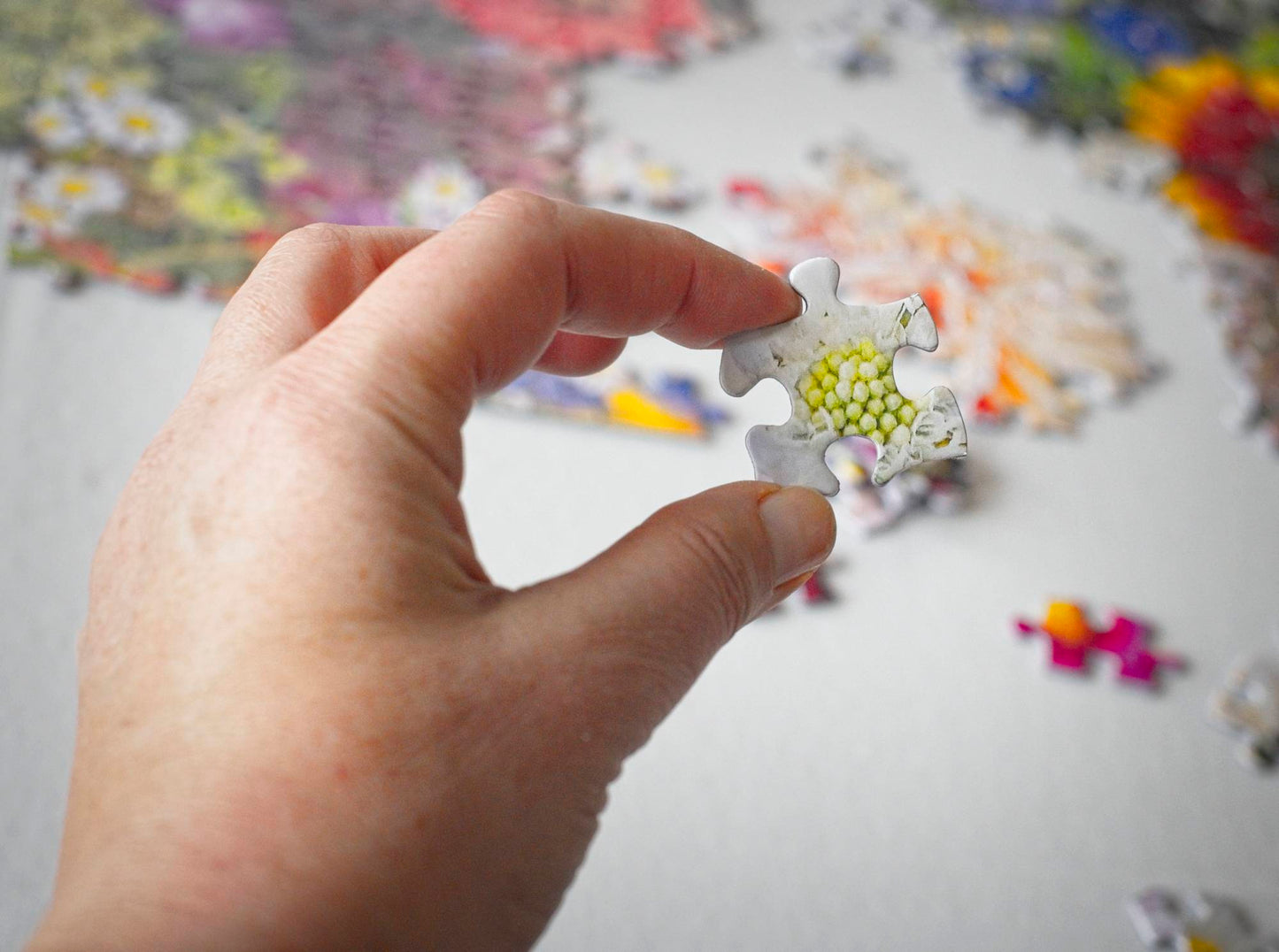 Two fingers holding a large puzzle piece up showing the center of a white flower