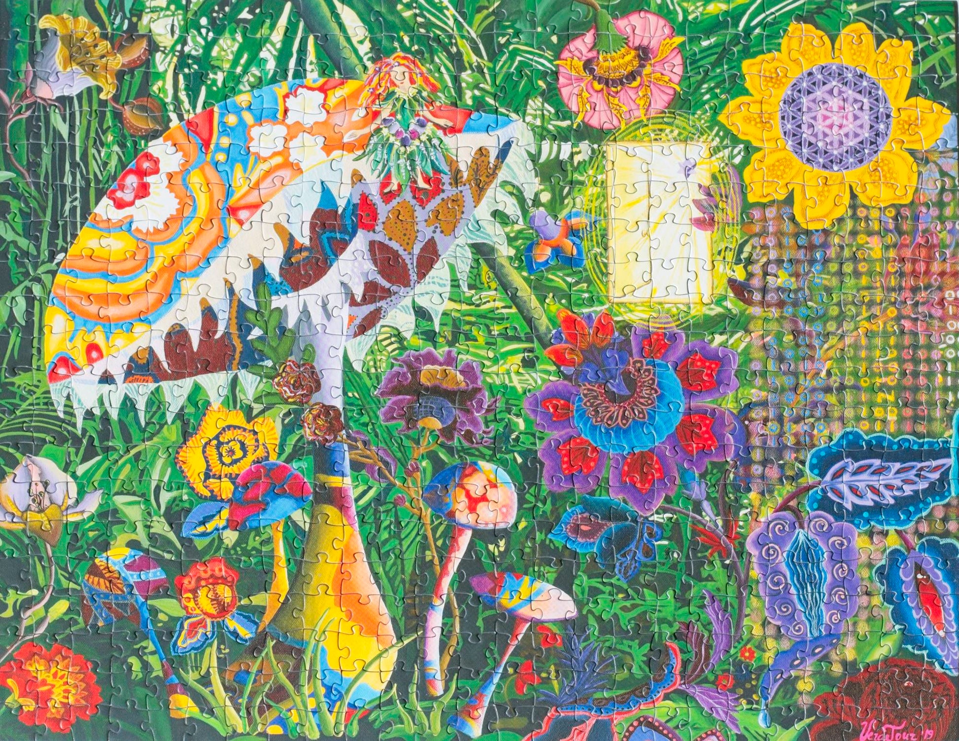 A completed jigsaw puzzle with a colorful psychadelic scene with mushrooms and flowers