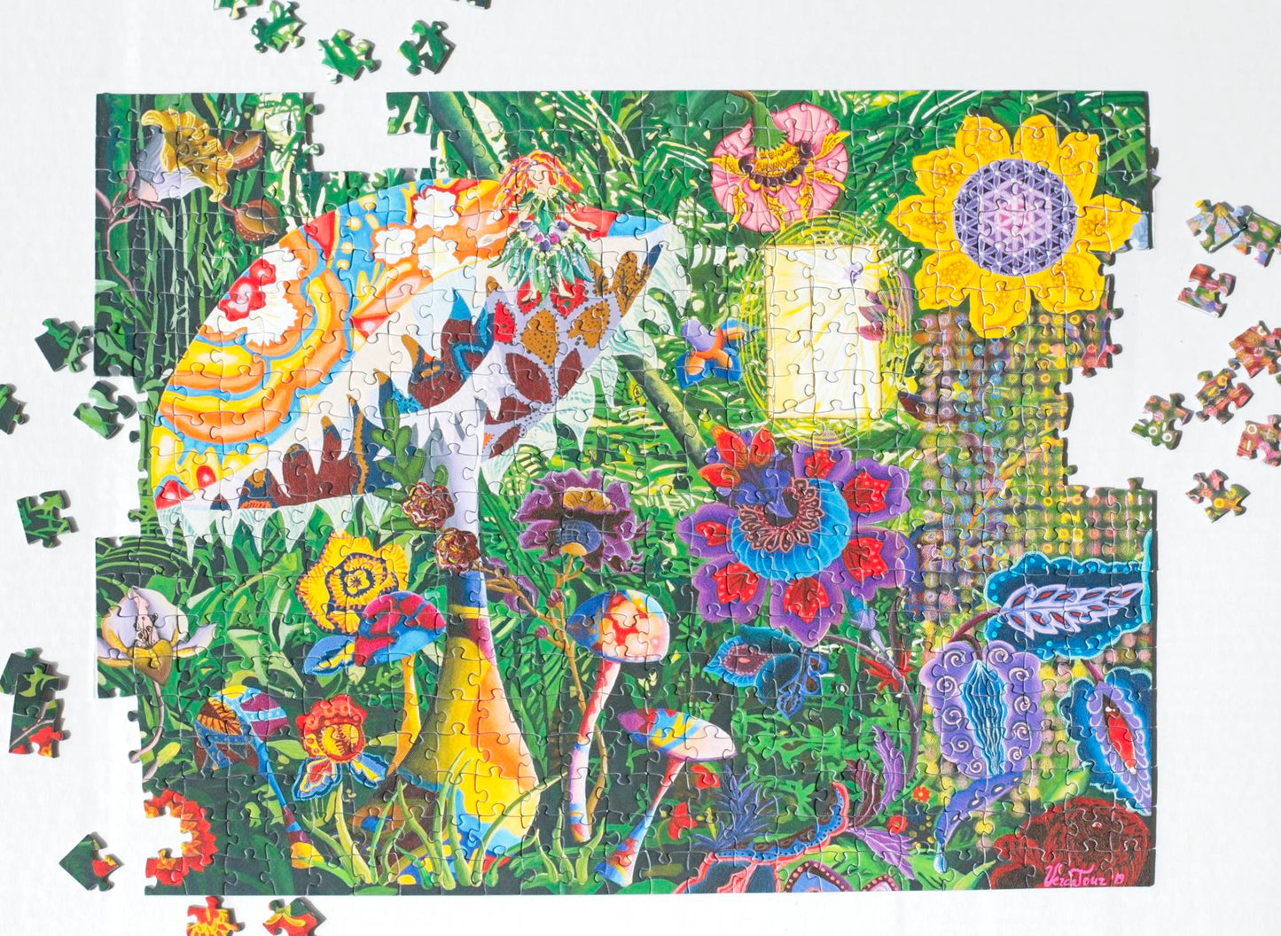 A colorful jigsaw puzzle with flowers and mushrooms nearly completed with a dozen or so missing pieces scattered around the outside.