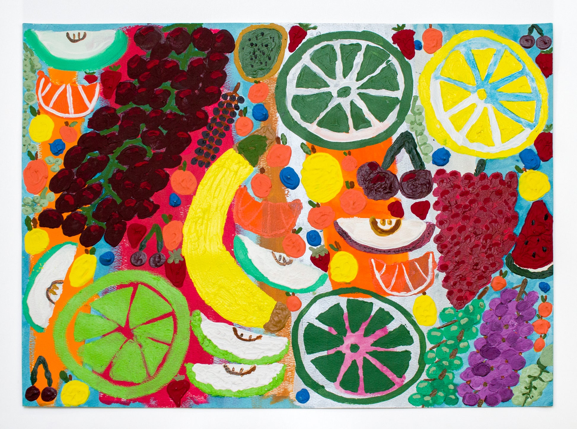 A colorful painting filled with various types of fruit