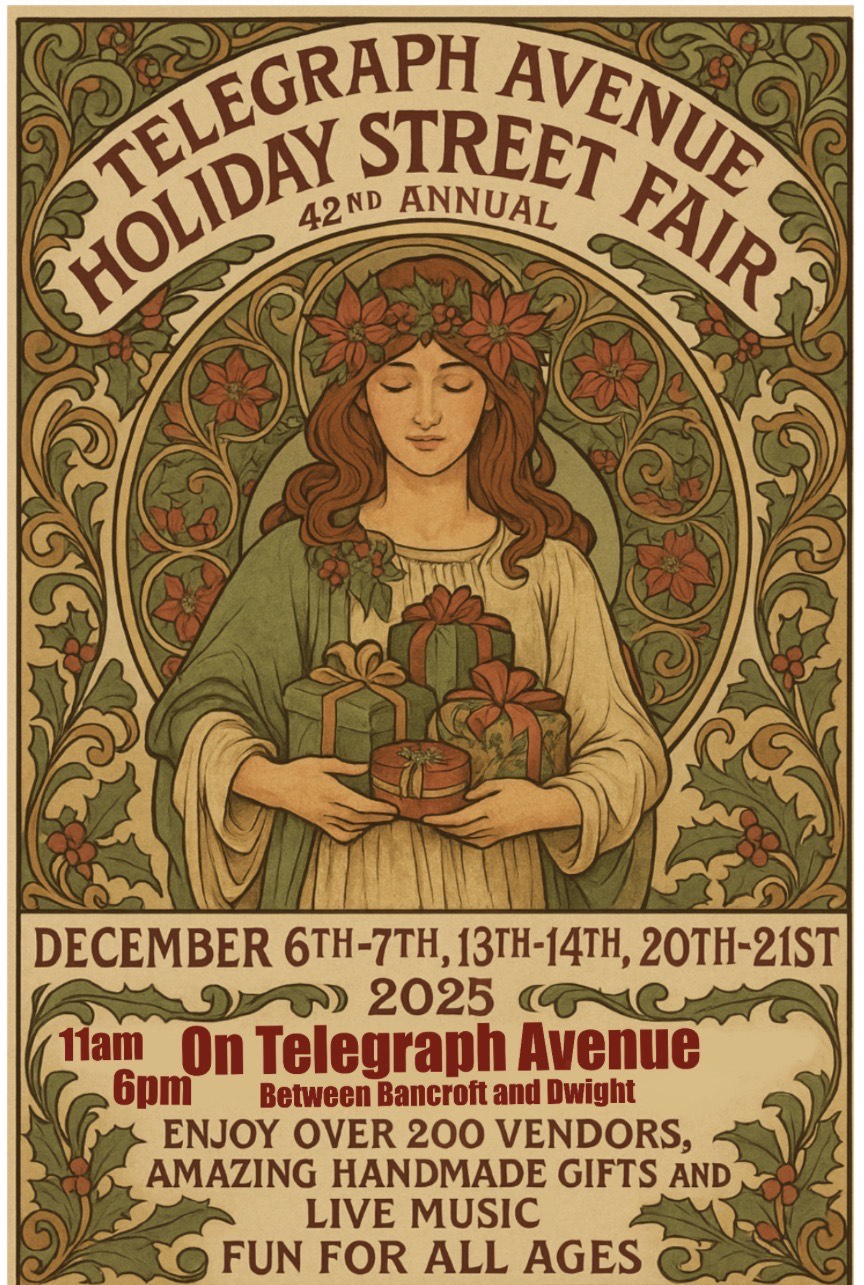 Vintage-style poster for Telegraph Avenue Holiday Street Fair with decorative elements and a woman holding gifts.