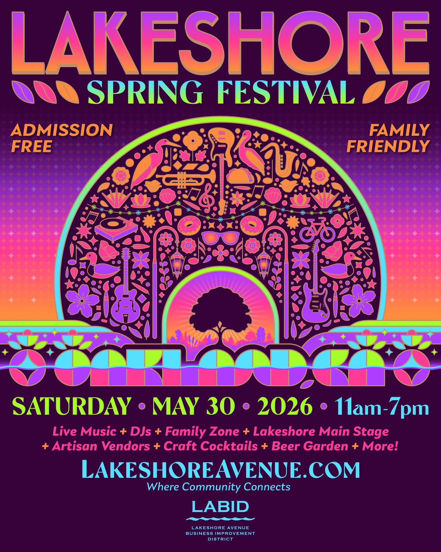 A designed ombre image collage featuring a variety of food, music, nature, and Lake Merritt related parts