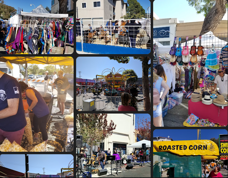 A collage showing various scenes from an outdoor street fair, including clothing racks, people browsing, a corn booth , a children's ride and petting zoo, and a band.