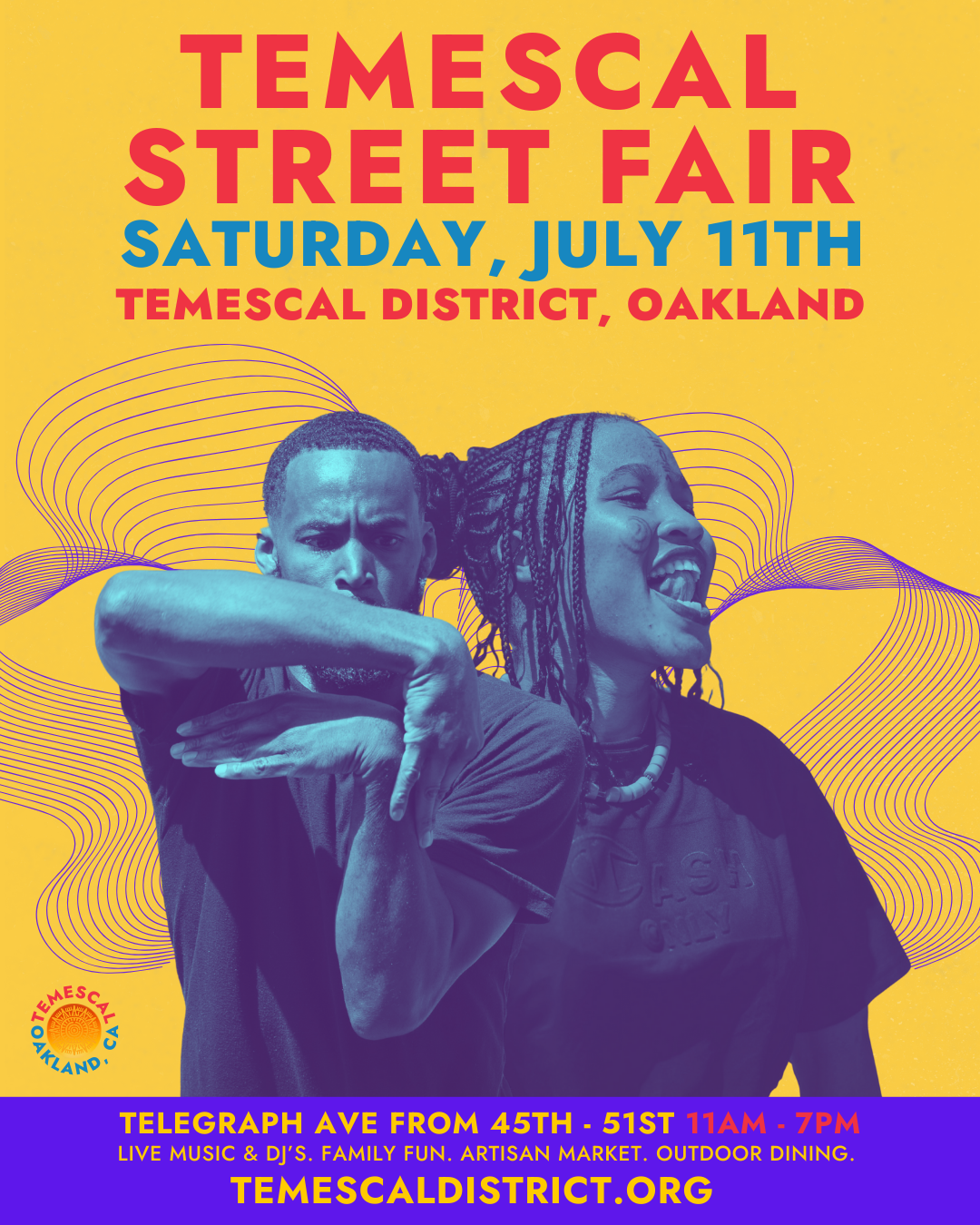 Promotional poster for Temescal Street Fair with two people being festive on a yellow background.