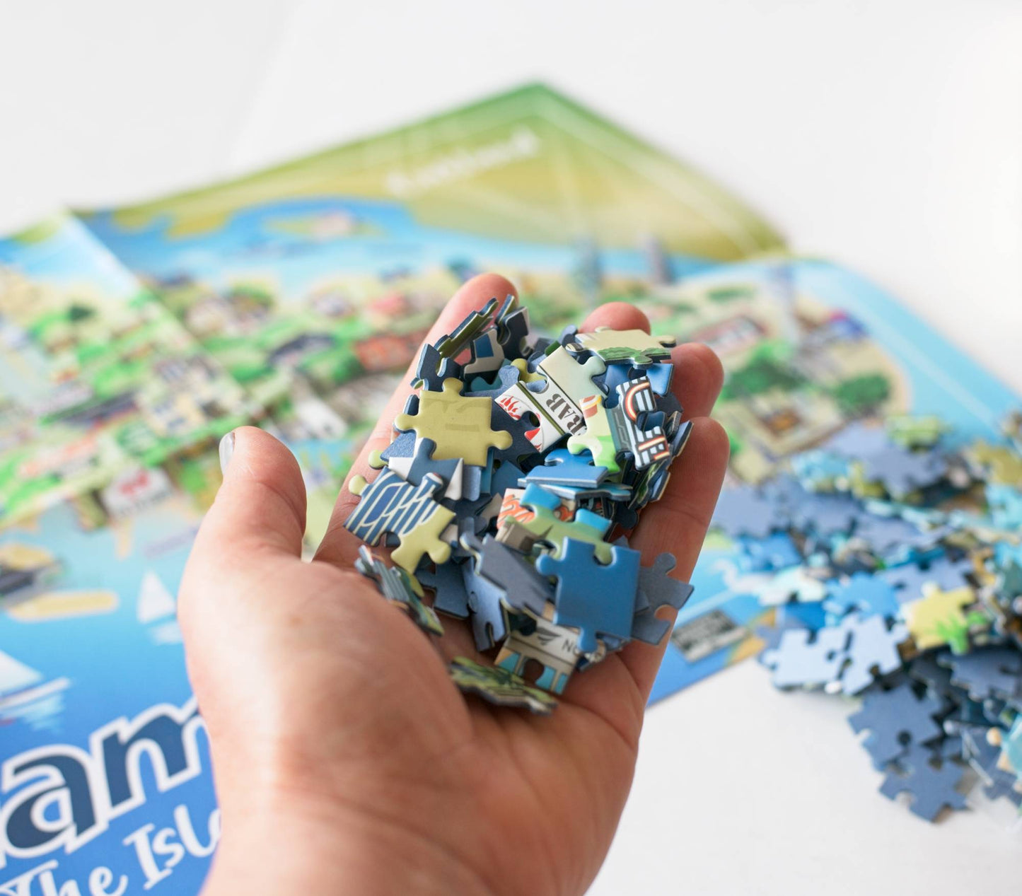 A hand holding a pile of colorful jigsaw puzzle pieces, with a poster and pieces blurred in the background on a white surface.