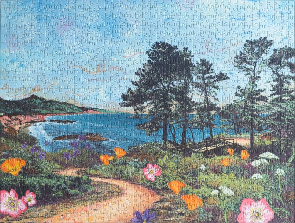 A completed jigsaw puzzle showing a coastal landscape with blue water, dark green trees, a winding path, and colorful wildflowers under a whimsically decorated sky.