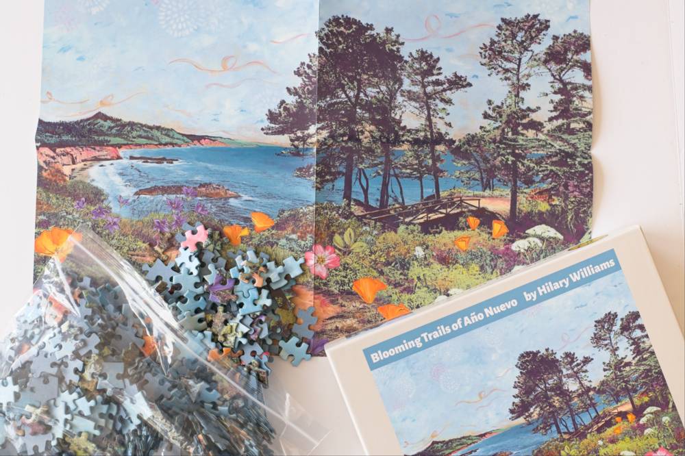 A jigsaw puzzle set for 'Blooming Trails of Año Nuevo' by Hilary Williams, showing the printed cover, a clear bag of loose puzzle pieces, and a partially assembled portion of the coastal landscape puzzle on a white background.