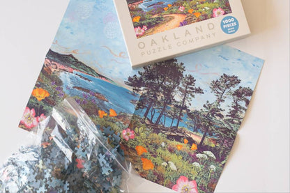 An unassembled 1000-piece jigsaw puzzle from Oakland Puzzle Company, shown with its box and a clear plastic bag of loose puzzle pieces on a white background.