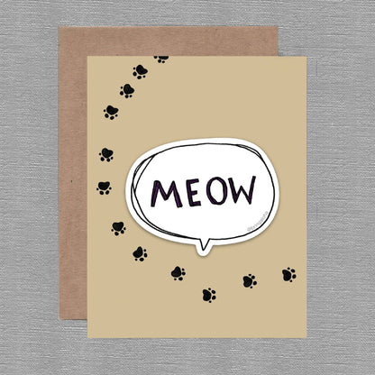 Card with 'MEOW' text in a speech bubble and paw prints on a brown background